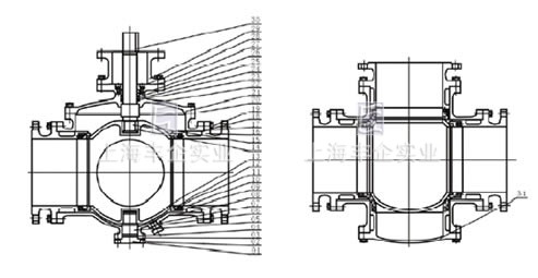 Q341F三通四密封渦輪球閥結(jié)構(gòu)圖1